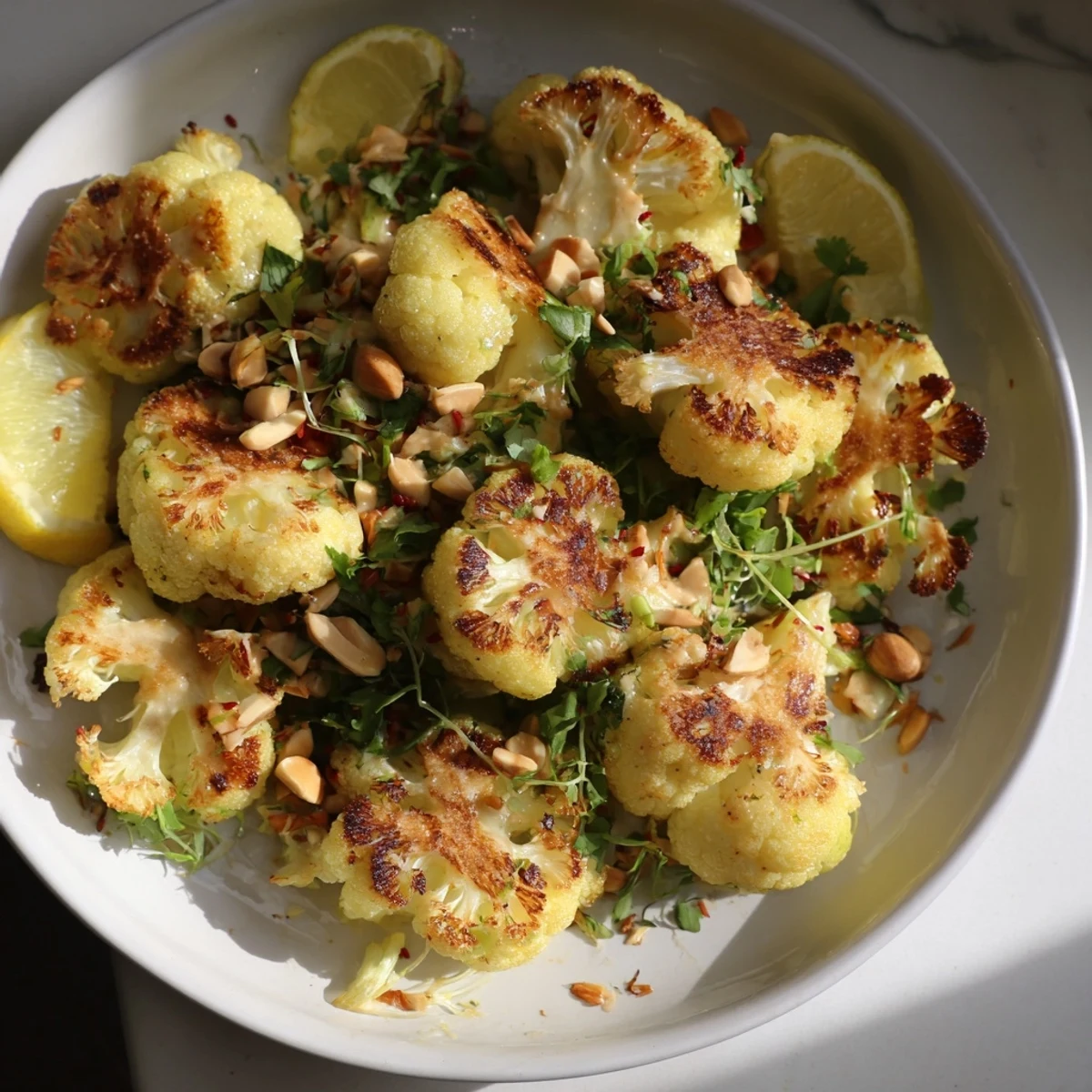 Golden-brown roasted cauliflower steaks drizzled with creamy tahini, perfect for a flavorful vegetarian meal.