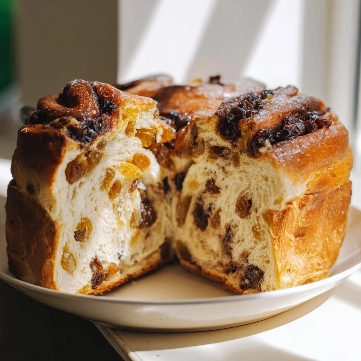 Golden Homemade Cinnamon Swirl Raisin Bread, a freshly baked, warm loaf ready to slice.