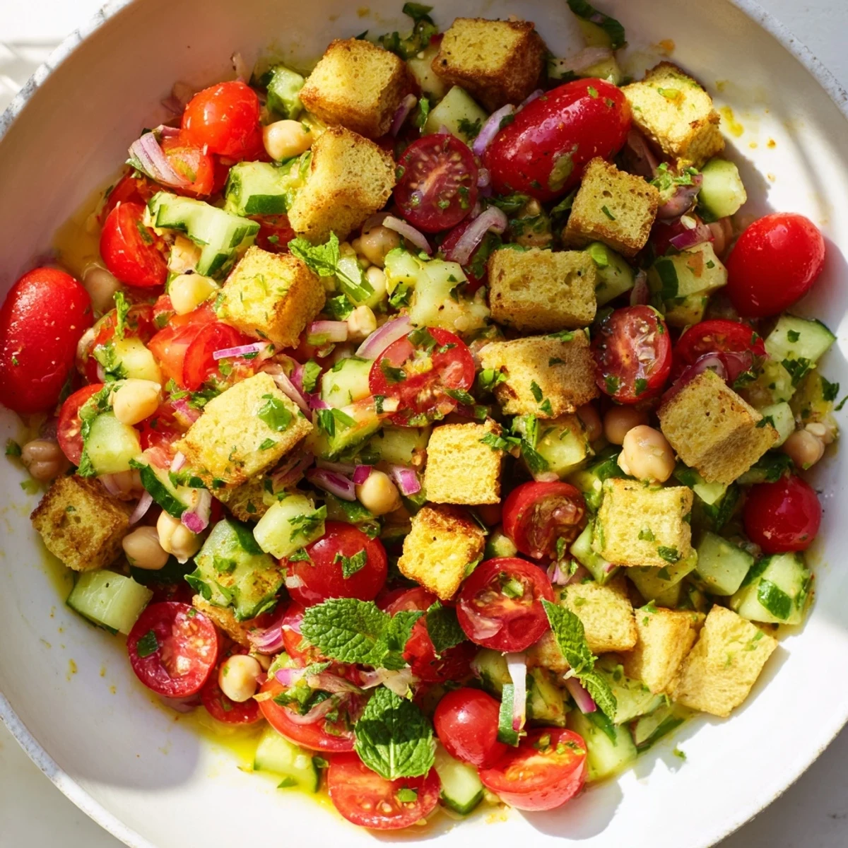 This fresh Cucumber and Chickpea Salad shows vibrant colors with cool, crisp vegetables ready to eat.