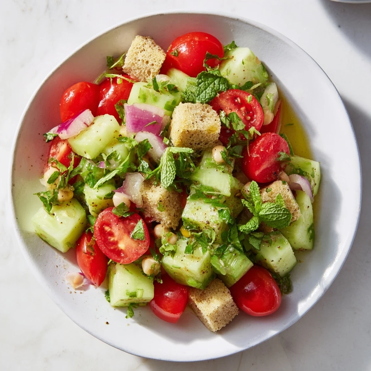 A delicious bowl of Fresh Cucumber and Chickpea Salad with lemon-mint dressing, ideal for a light, healthy meal.