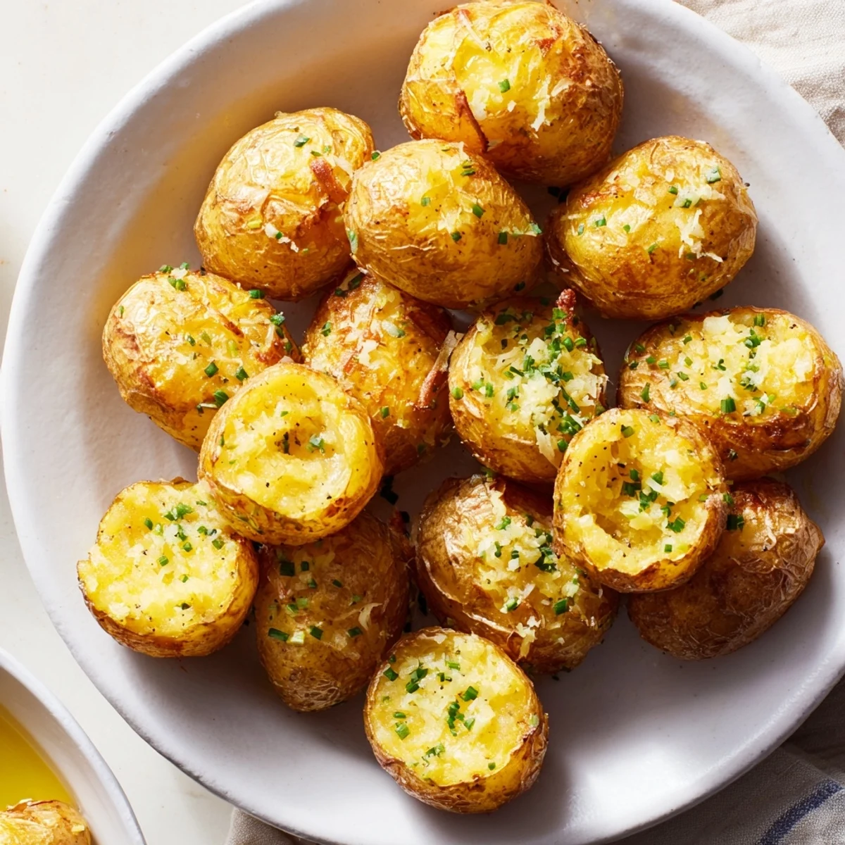 Golden brown crispy garlic butter roasted smash potatoes, an easy and flavorful side dish for dinner tonight.