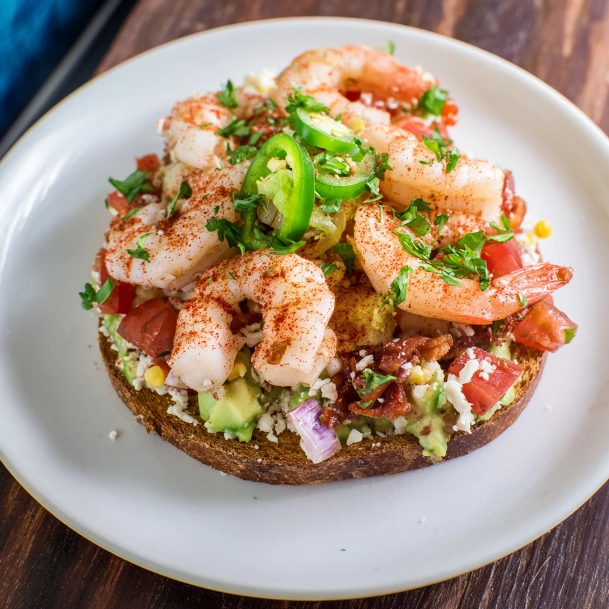 Quick Shrimp and Avocado Tostadas show off vibrant colors; plump shrimp sit atop creamy avocado and crispy tostada shells.
