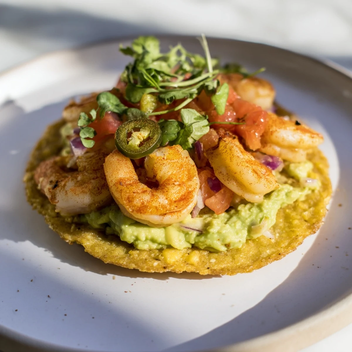 These Quick Shrimp and Avocado Tostadas showcase seared shrimp nestled on avocado, ready to enjoy with fresh cilantro.
