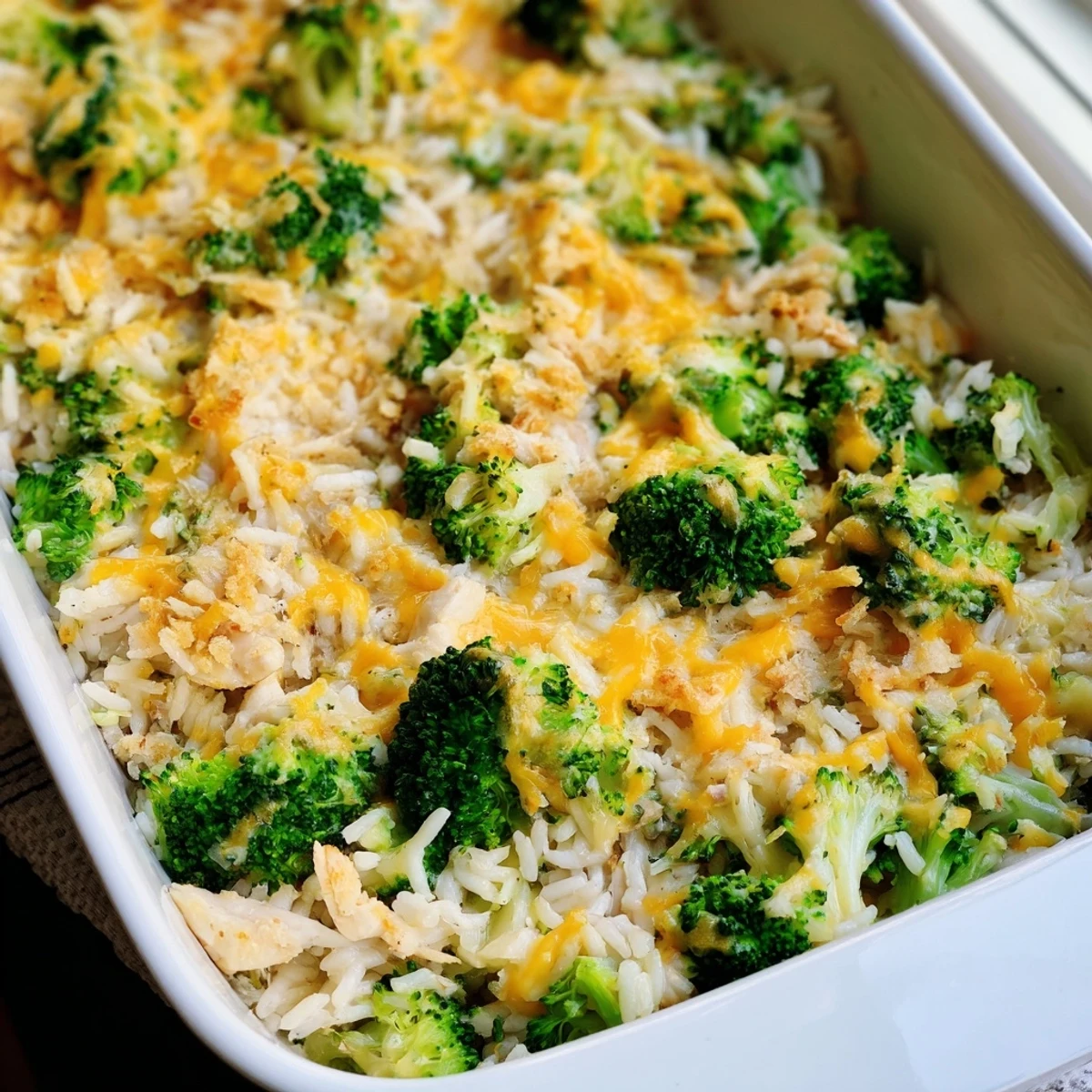 A close-up of a comforting Cheesy Broccoli and Rice All-in-One Bake with steam rising, a family favorite.