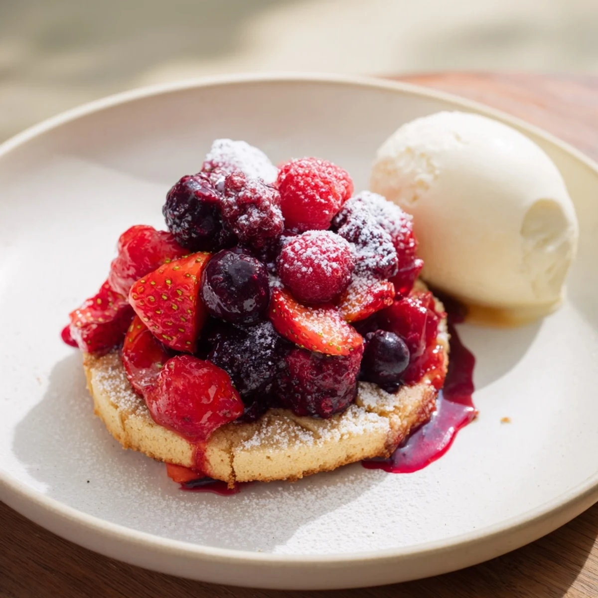 Freshly baked Rustic Summer Berry Cobbler boasting a buttery biscuit topping and sweet, juicy berries.