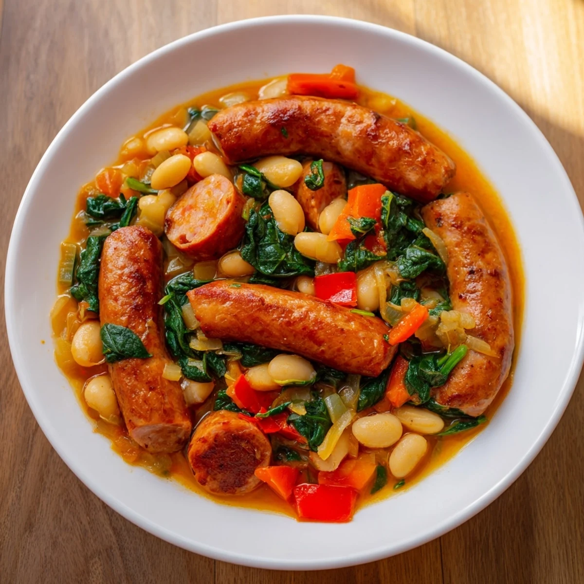 One-Pot Sausage and White Bean Stew, steaming hot, showcasing a rich, savory aroma and rustic appeal.