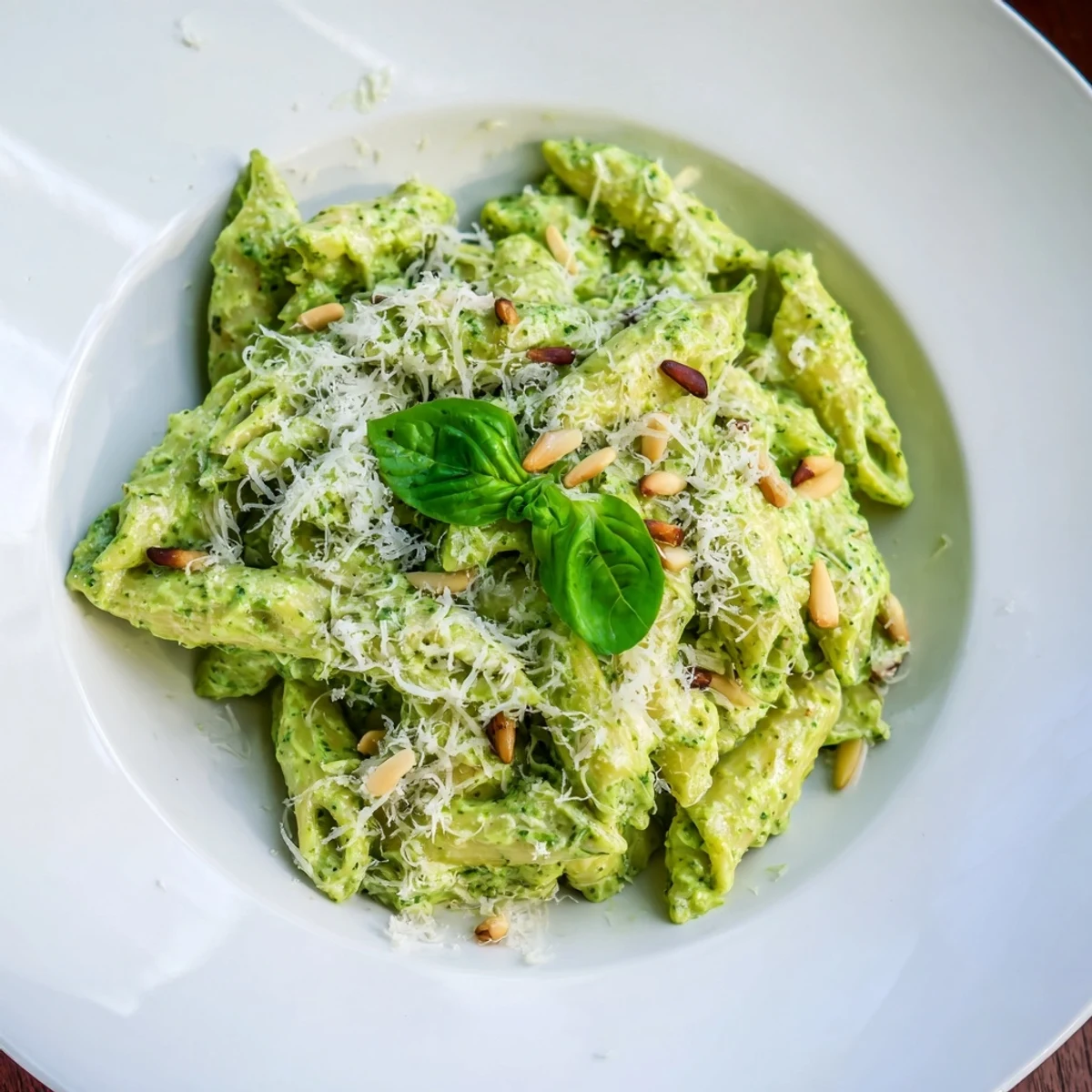 A bowl of The Best 15-Minute Creamy Pesto Pasta, finished with fresh basil and Parmesan cheese.