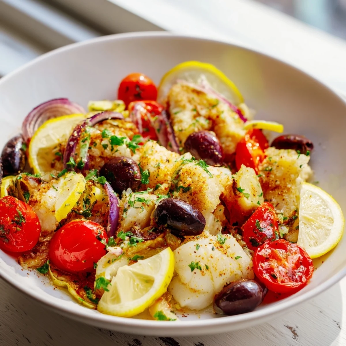 Baked Cod with Tomatoes Olives