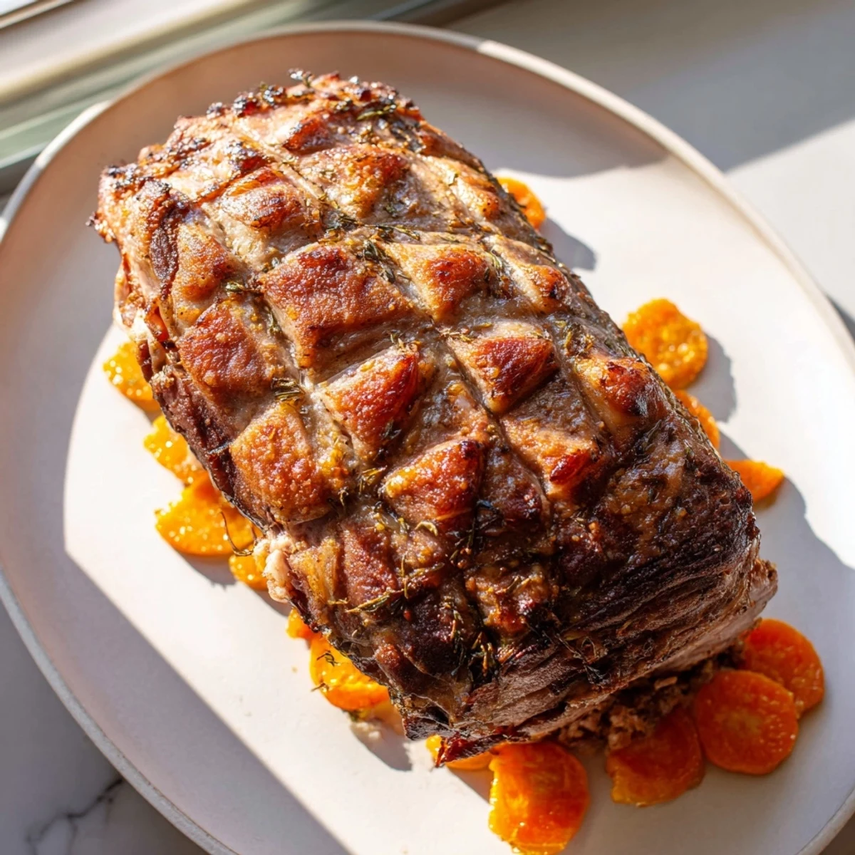 Tender slices of Slow-Cooked Honey Glazed Ham, fragrant with spices and a sweet, glossy glaze.