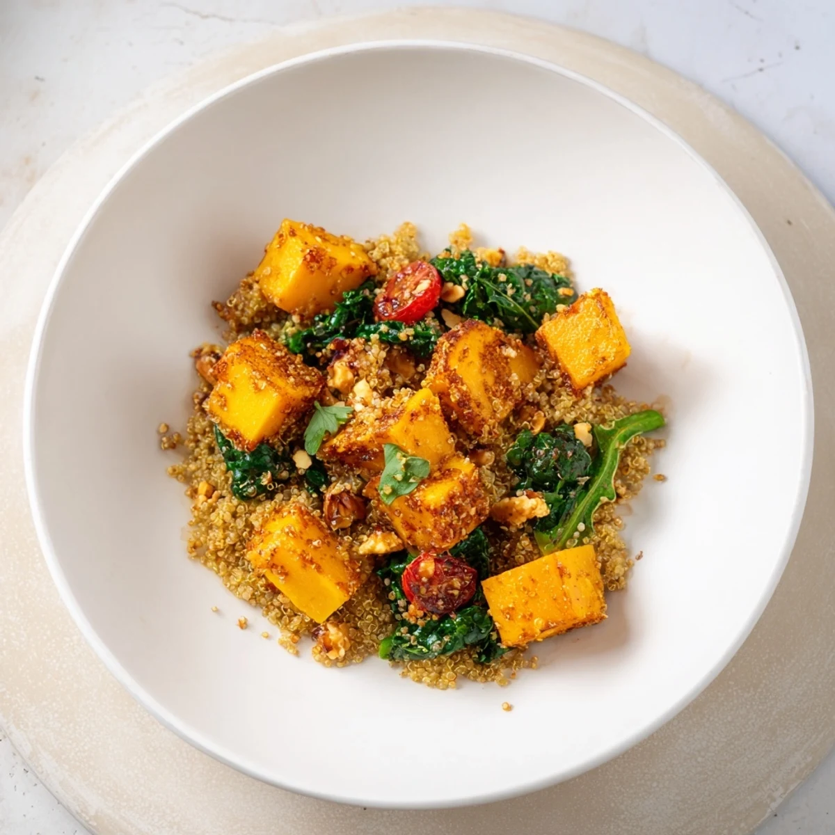 A close-up of a complete golden honey-roasted butternut squash bowl, showcasing the vibrant elements.