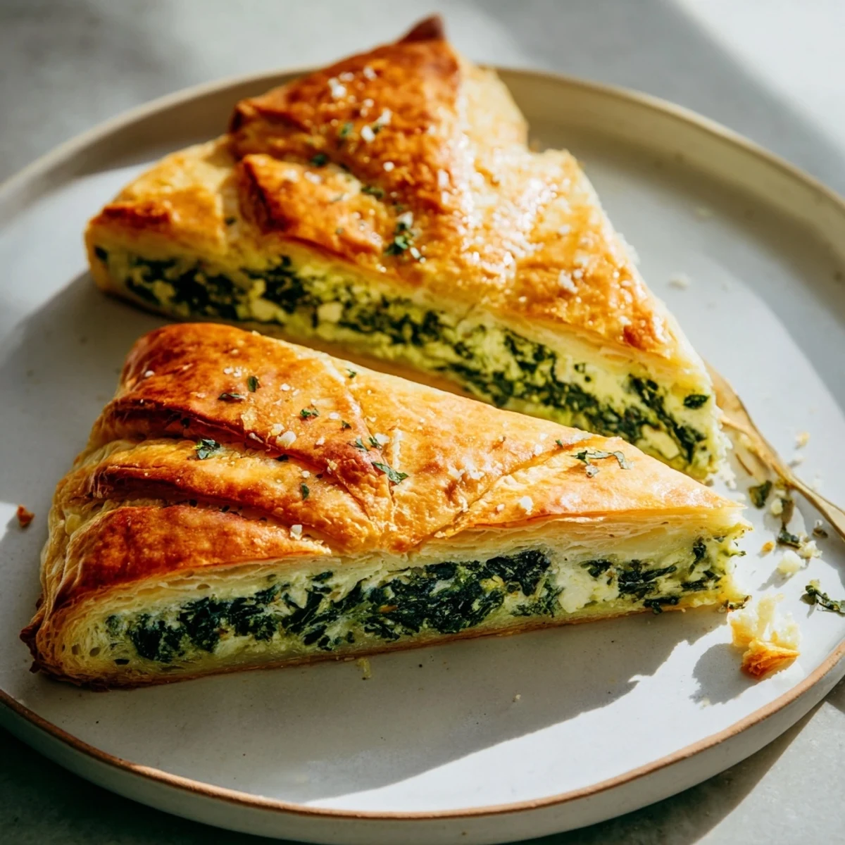 Up-close shot of freshly baked Savory Spinach and Ricotta Puff Pastry Triangles arranged on a platter.