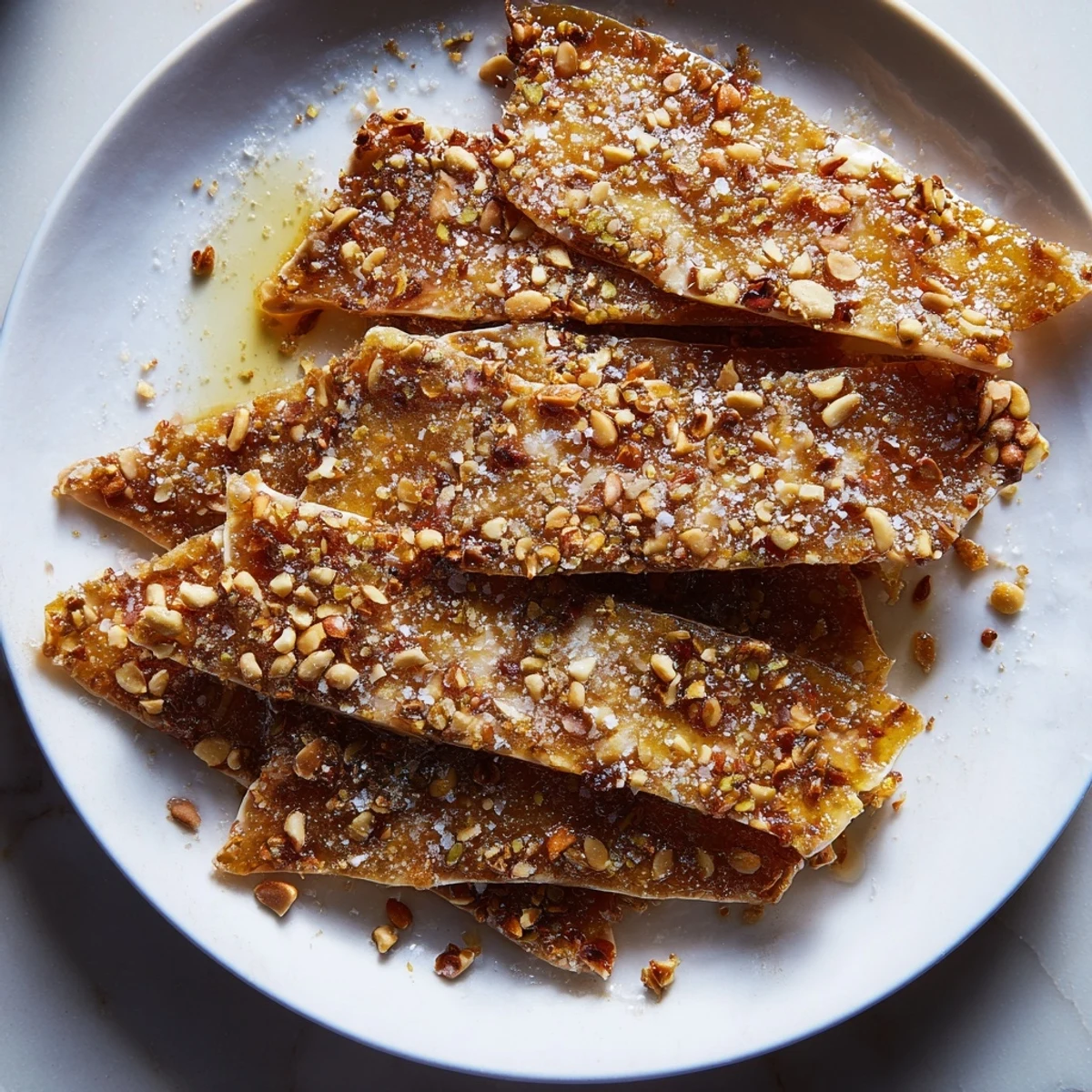 Golden, honey-glazed Sweet and Salty Honey Toasted Cashews with sea salt sparkle for a snack.