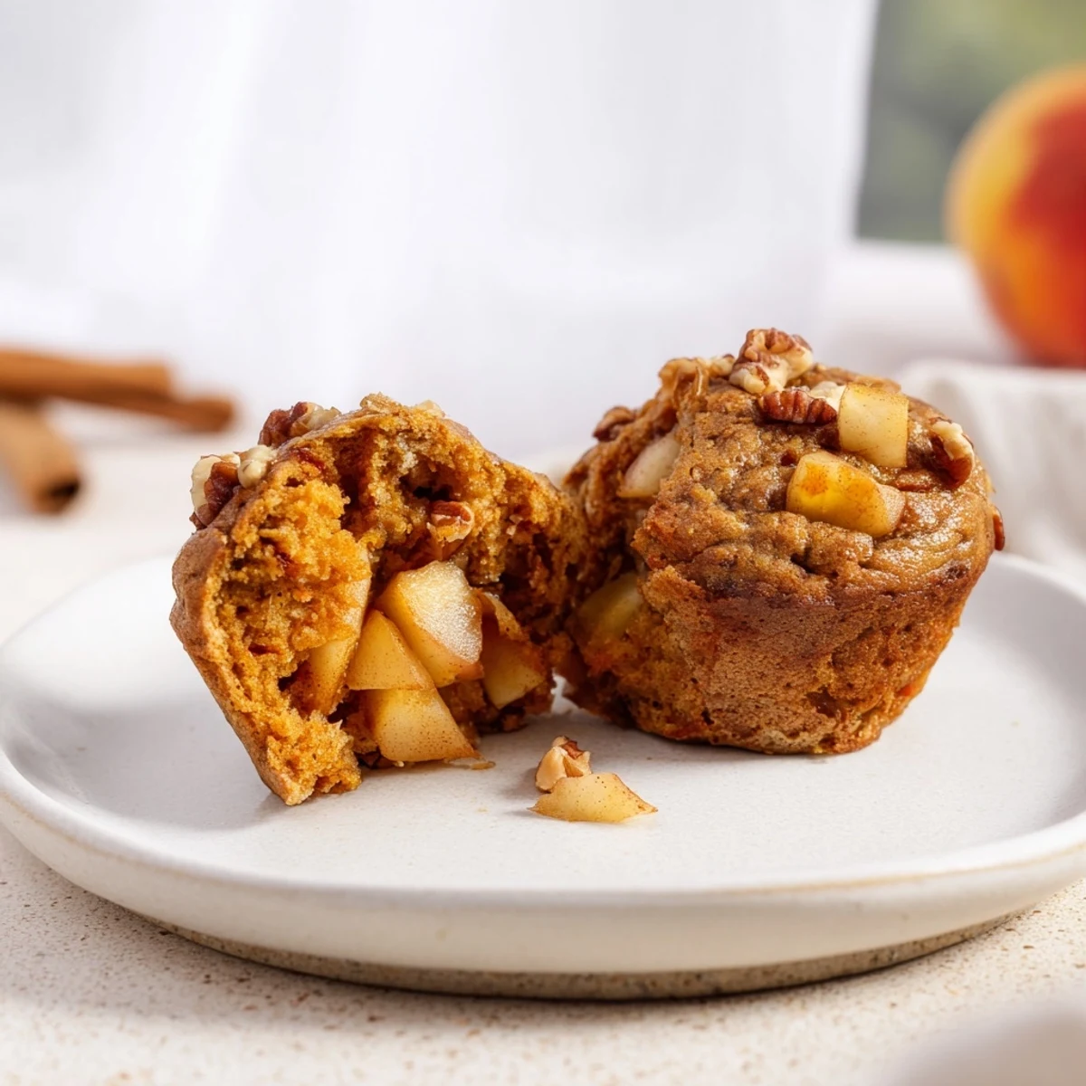 A close-up of Seasonal Spiced Pear and Walnut Muffins, golden brown and perfectly domed.