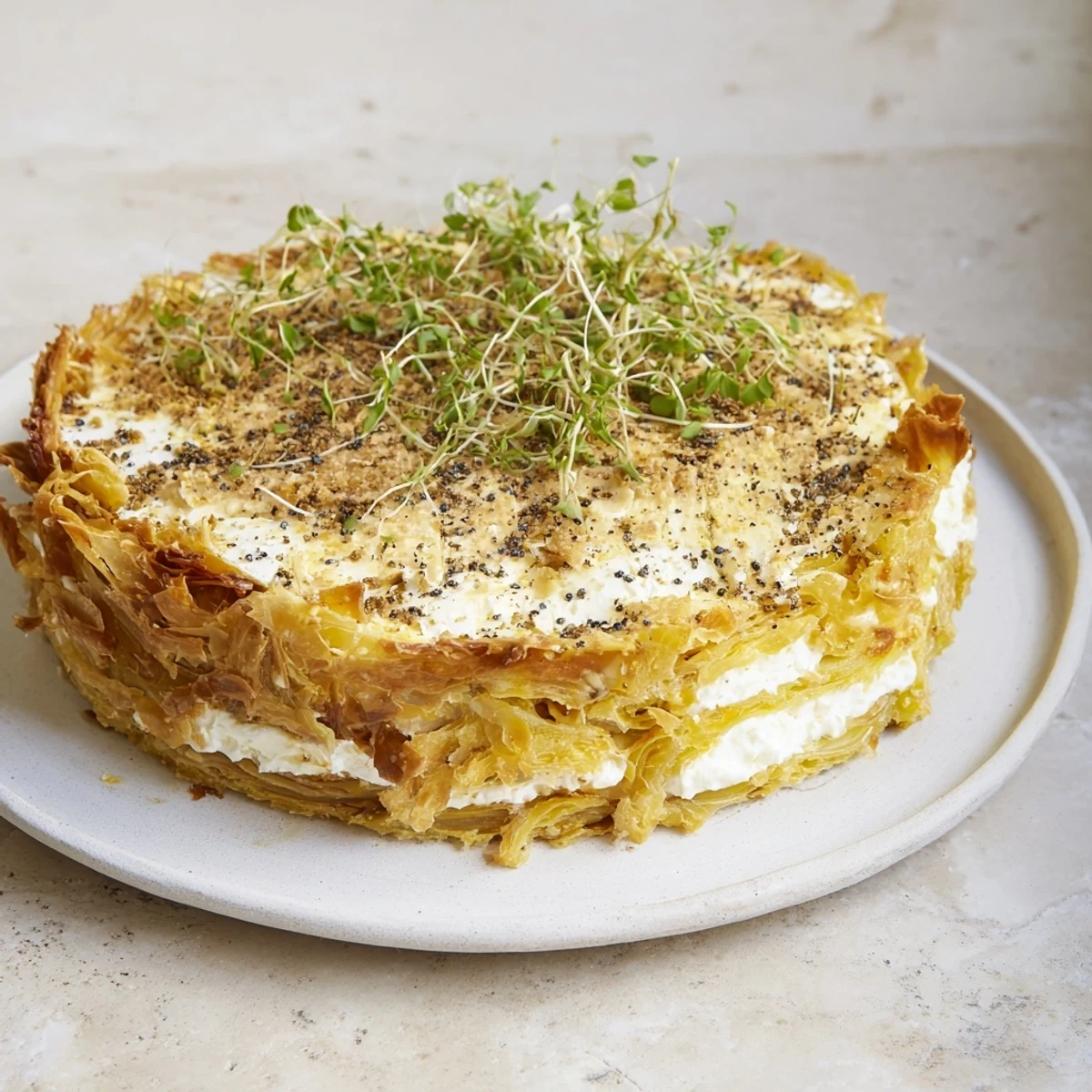 Golden-brown Decadent Caramelized Onion and Goat Cheese Tart, ready to serve with fresh herbs.