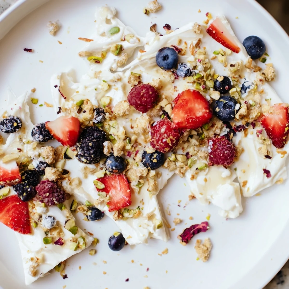 Vibrant Berry Yogurt Bark, a frozen treat with layered berries and creamy yogurt, ready to eat.