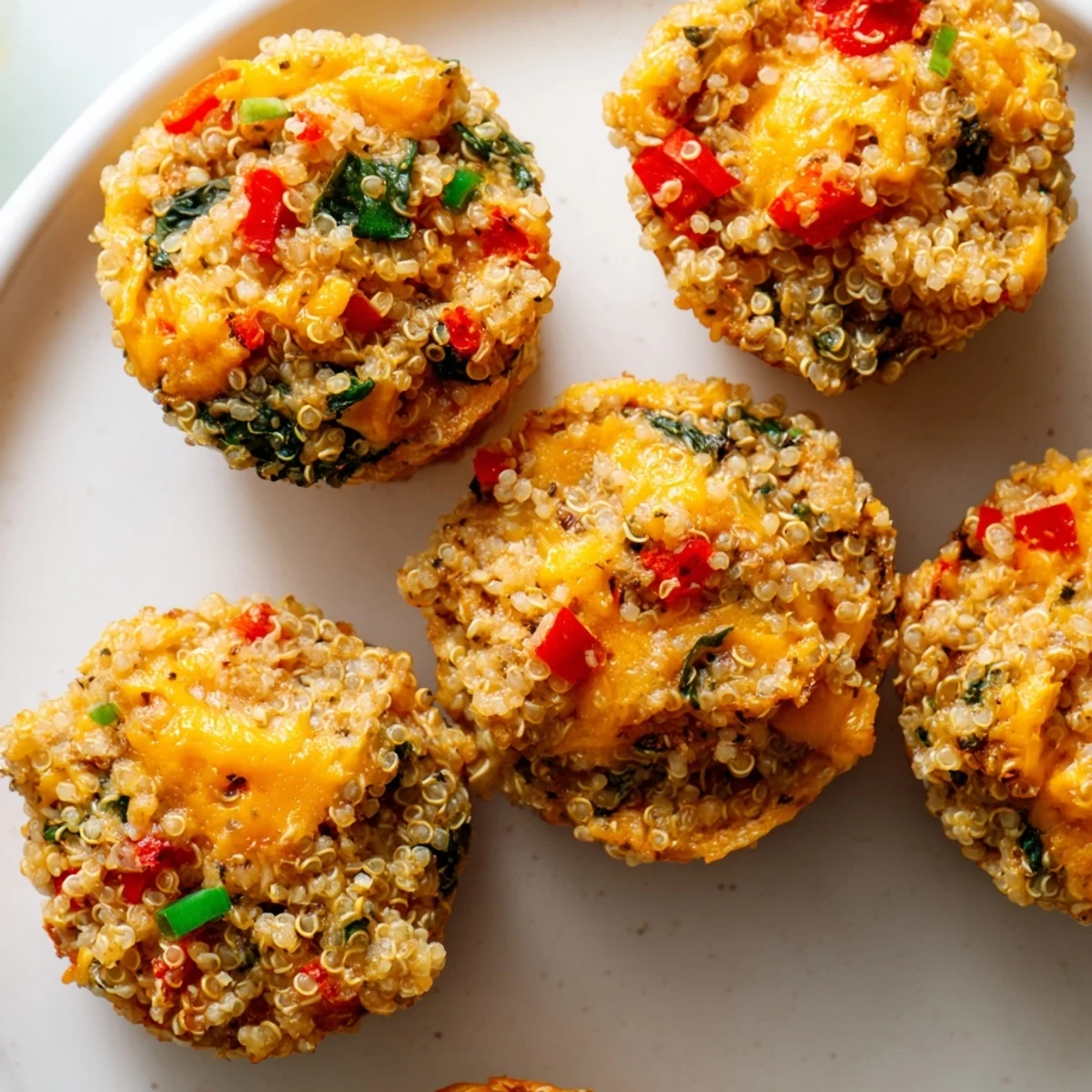 These cheesy cheddar quinoa bites are fresh from the oven, offering a savory, wholesome flavor.