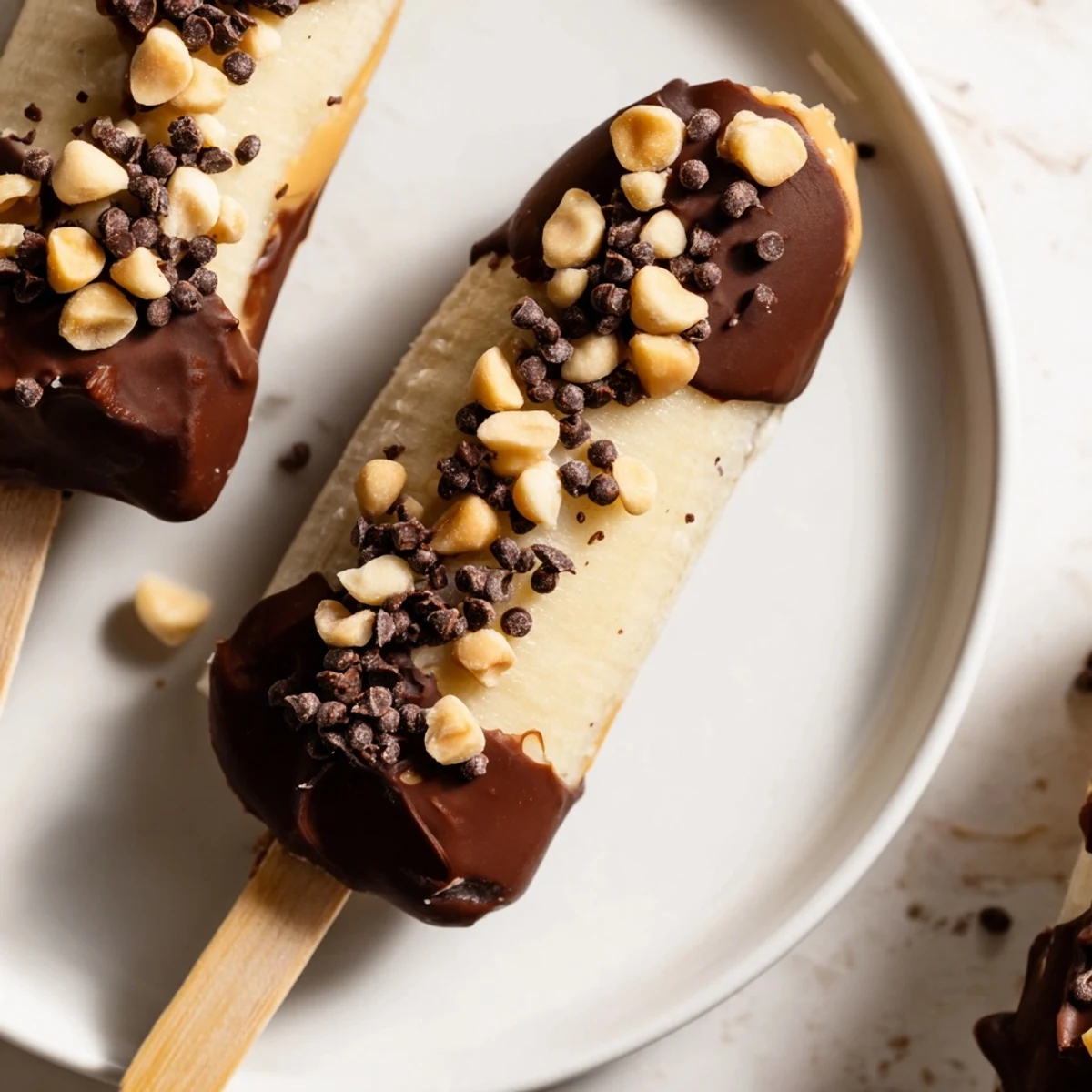 Frozen Banana Chocolate Pops: Peanut butter-covered frozen bananas dipped in decadent chocolate, ready to enjoy.