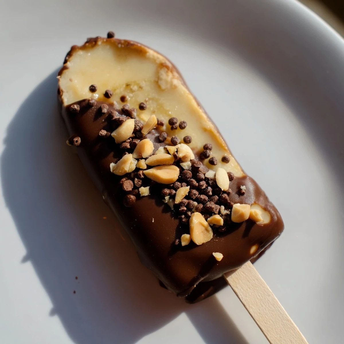 Rich dark chocolate coating these Frozen Banana Chocolate Pops, sprinkled with chopped peanuts, for a cool treat.