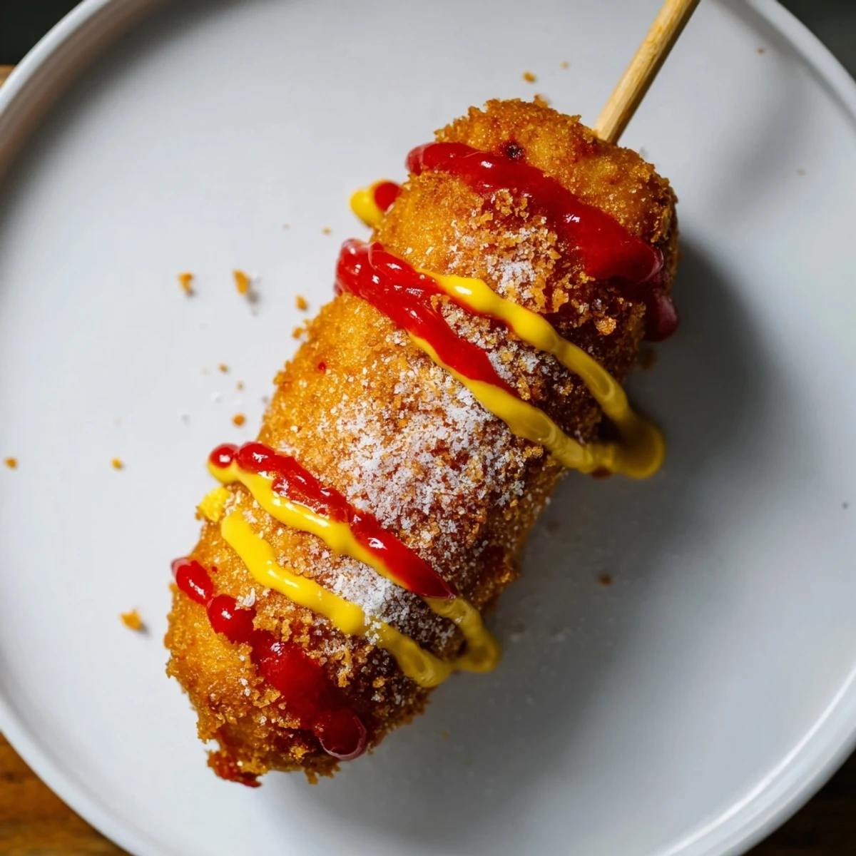 A close-up of sweet and savory Korean-inspired corn dogs served with ketchup and mustard.