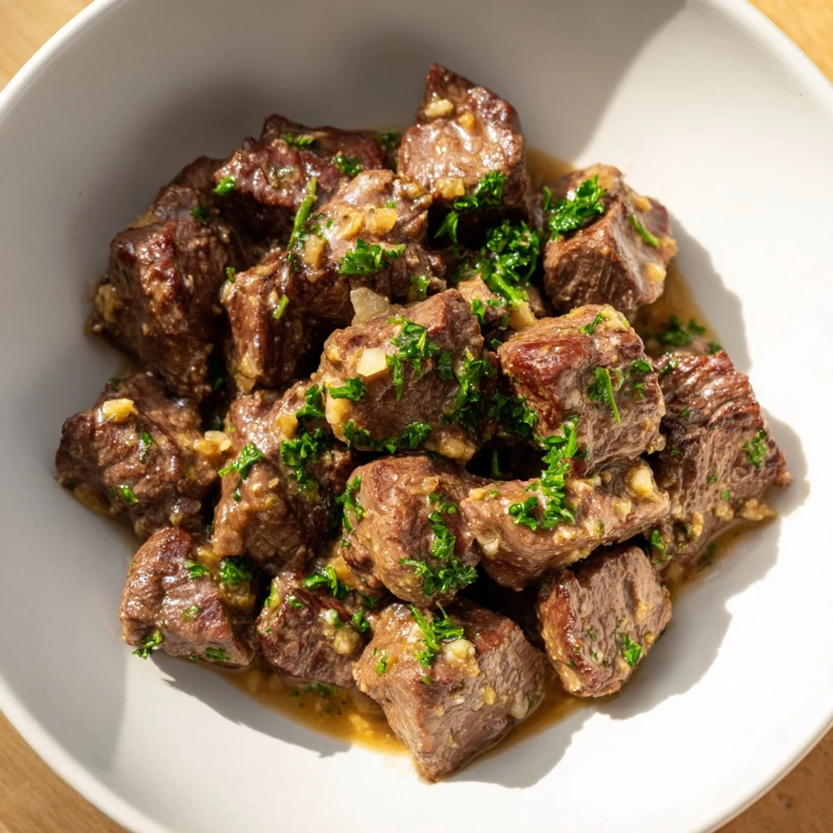 Air-Fryer Garlic-Butter Steak Bites glistening with savory sauce, ready to serve as a delicious appetizer.