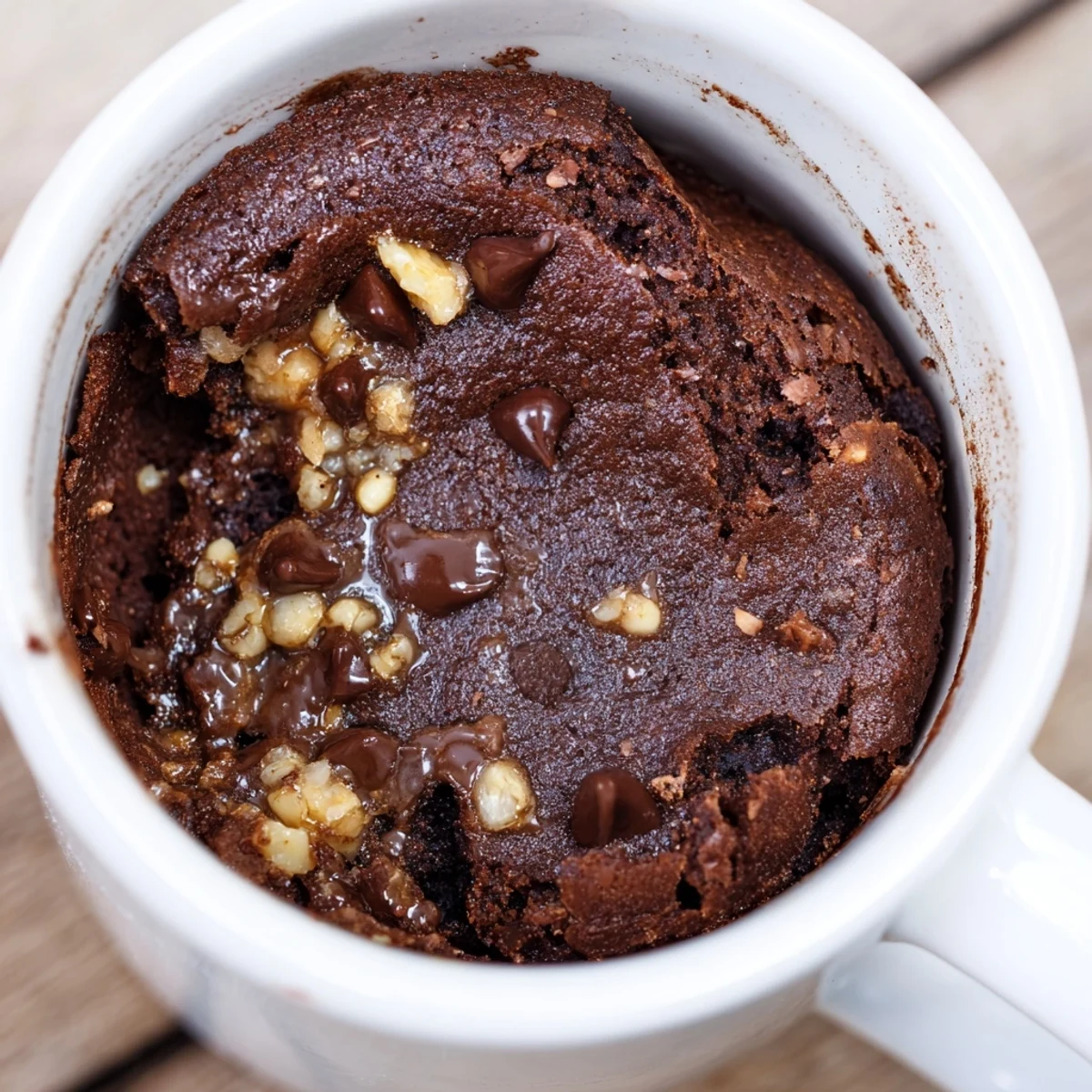 Steaming Mug Brownie topped with melted chocolate chips, a quick single-serve dessert ready in minutes.