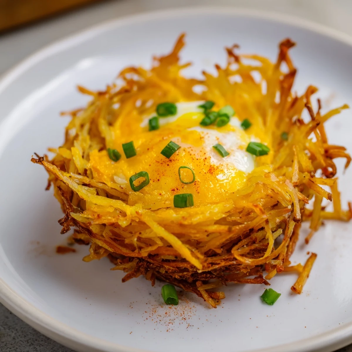 Golden, crispy Crispy Hashbrown Egg Nests are filled with melted cheese and a perfectly cooked egg.