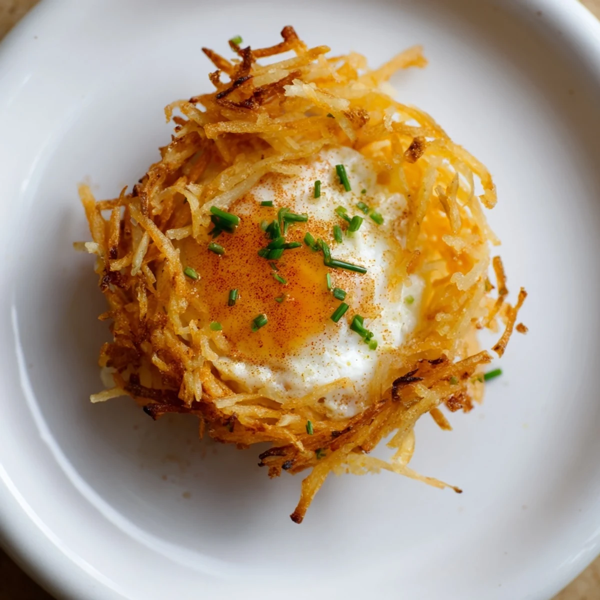 Muffin tin view of baked Crispy Hashbrown Egg Nests, a savory breakfast with creamy yolk centers.