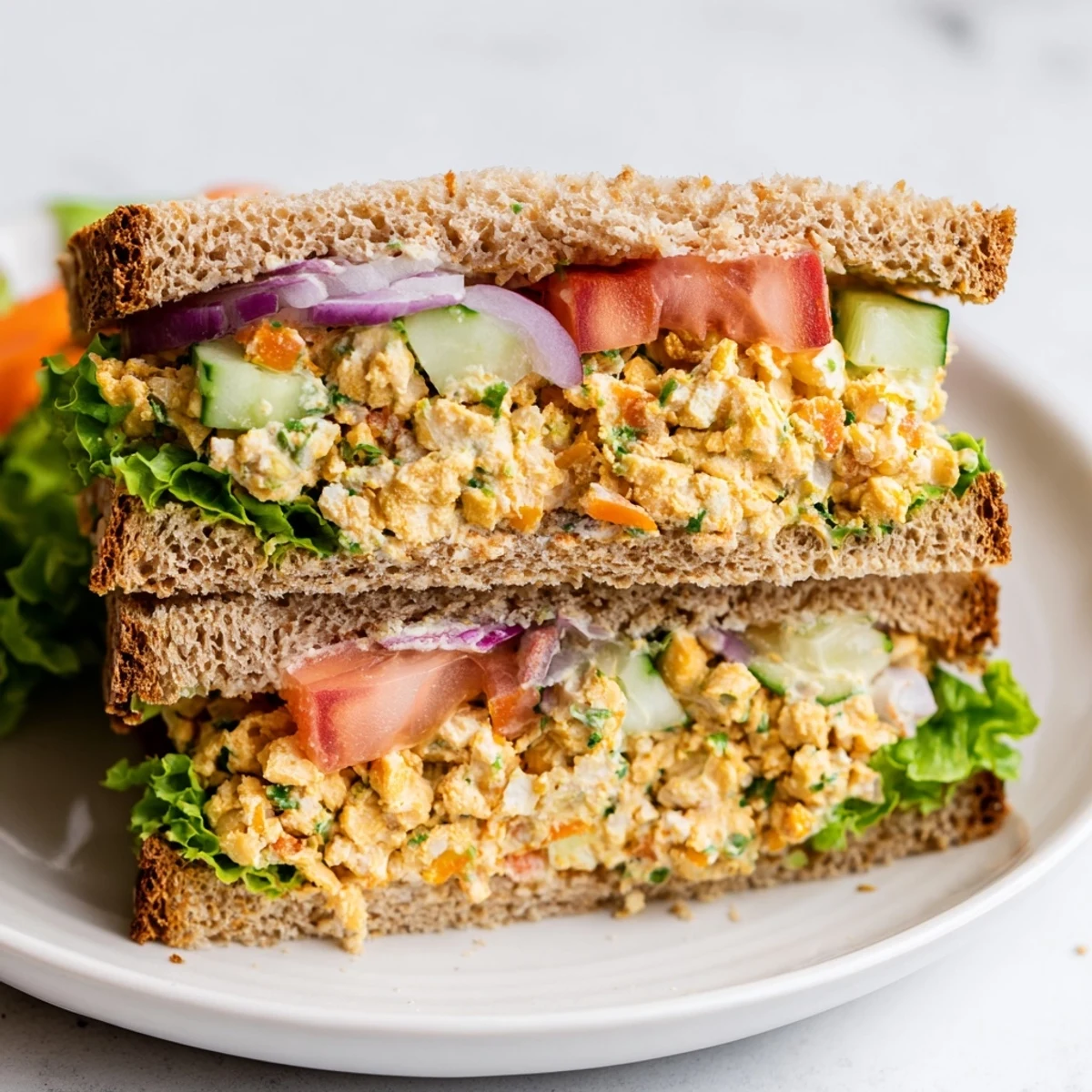 A close-up of a creamy, golden chickpea salad sandwich with visible vegetables and fresh toppings.