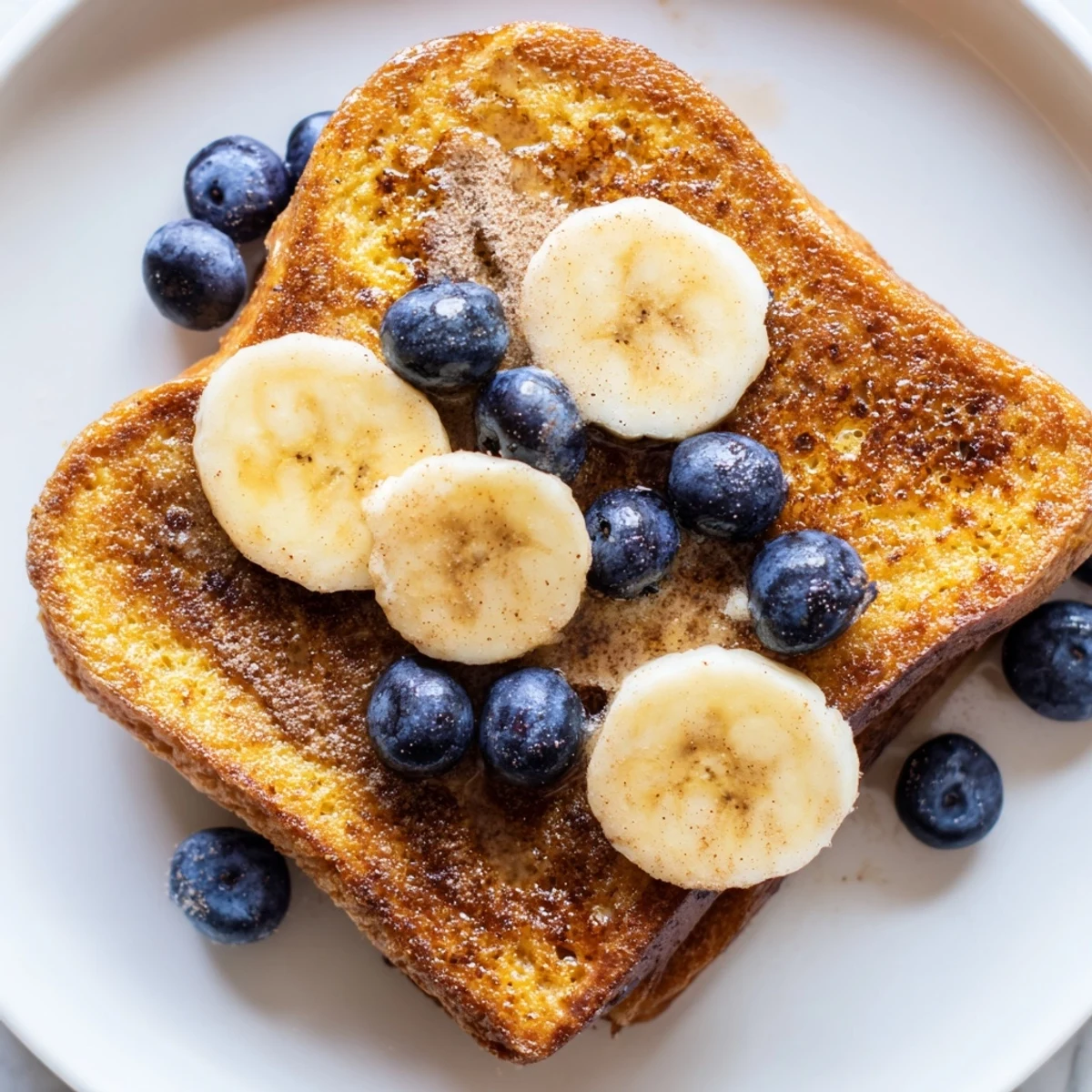 Enjoy a stack of beautifully cooked Protein French Toast alongside toppings like banana slices and yogurt.
