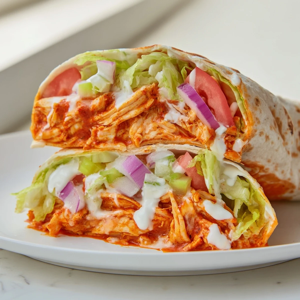 Perfectly folded Buffalo Chicken Wrap, showcasing a satisfying lunch or dinner option.