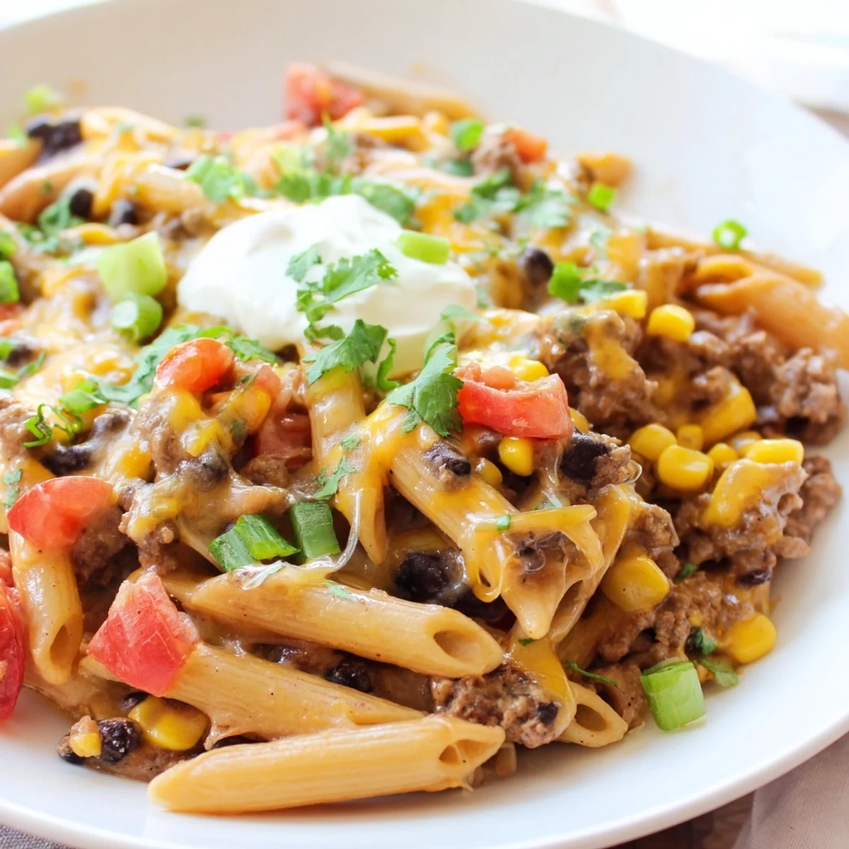 Steaming cheesy taco pasta, a one-pot meal, features melted cheese atop warm, savory goodness.