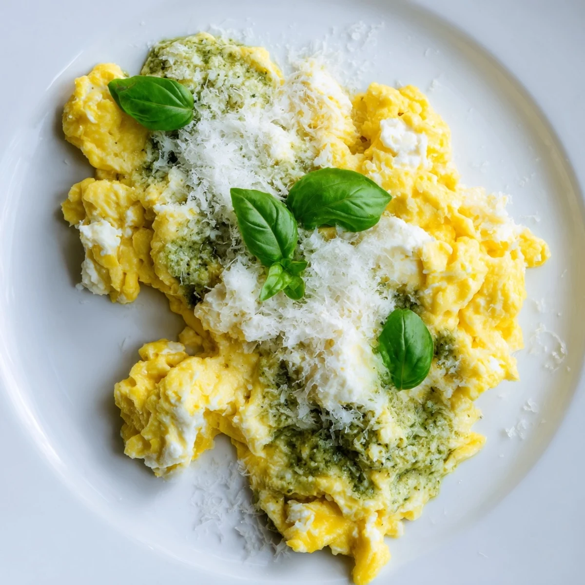 Fluffy Pesto Cottage Cheese Eggs, a vibrant breakfast, garnished with fresh basil and Parmesan.