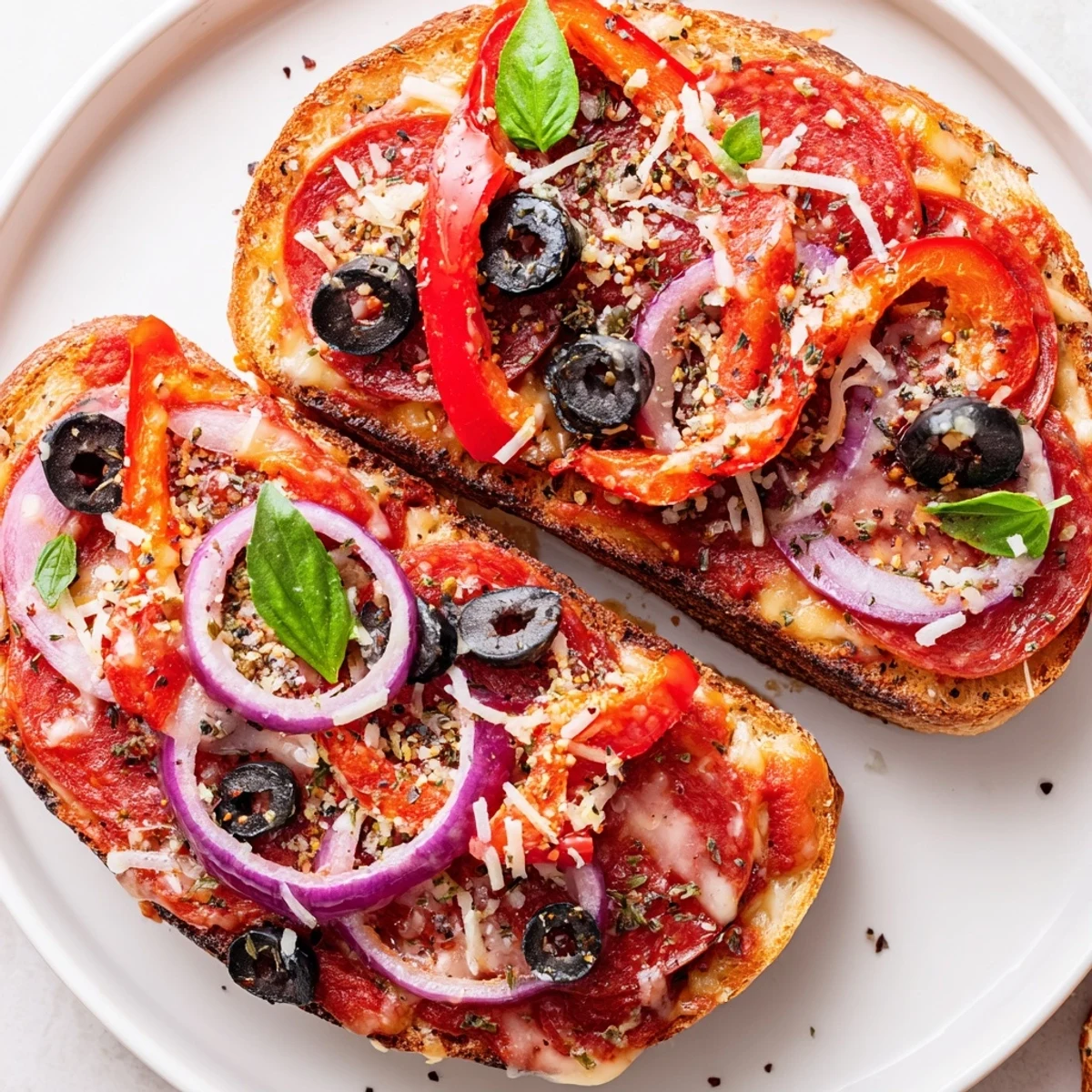 Golden, bubbly Pizza Toast 2.0 with melted cheese, pepperoni, and fresh basil, a delicious snack.