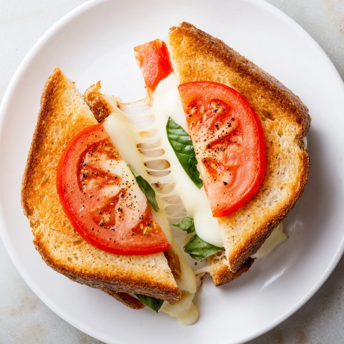 Tomato Basil Grilled Cheese, with melted mozzarella, ripe tomatoes, and fresh basil, ready to eat.