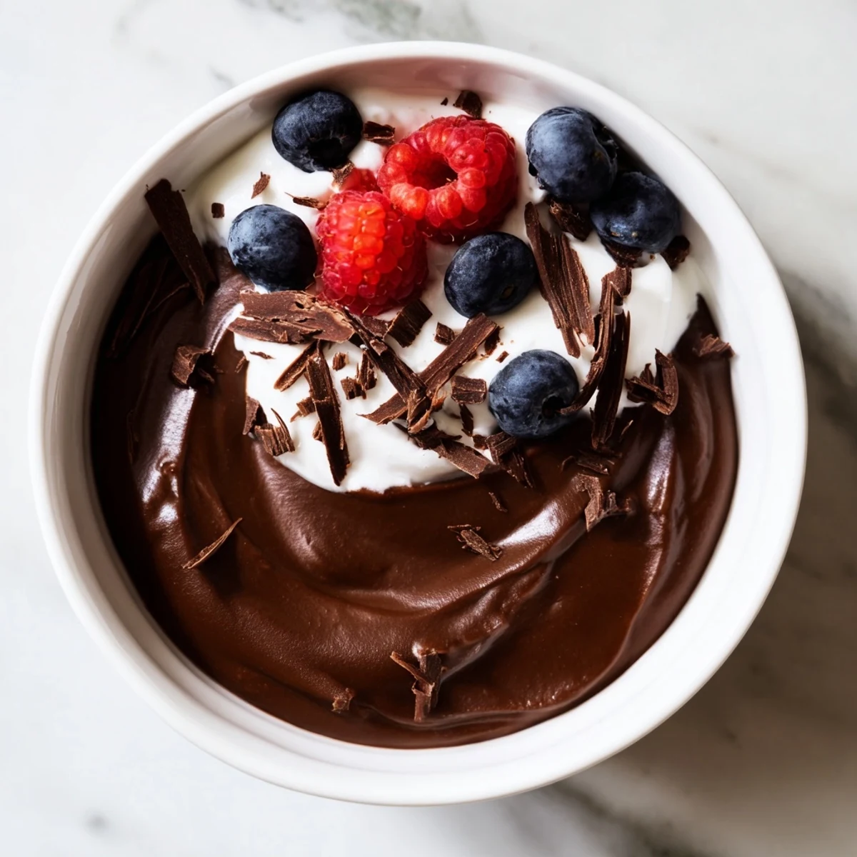 Creamy, dark Avocado Chocolate Pudding swirled into a serving glass topped with fresh berries.
