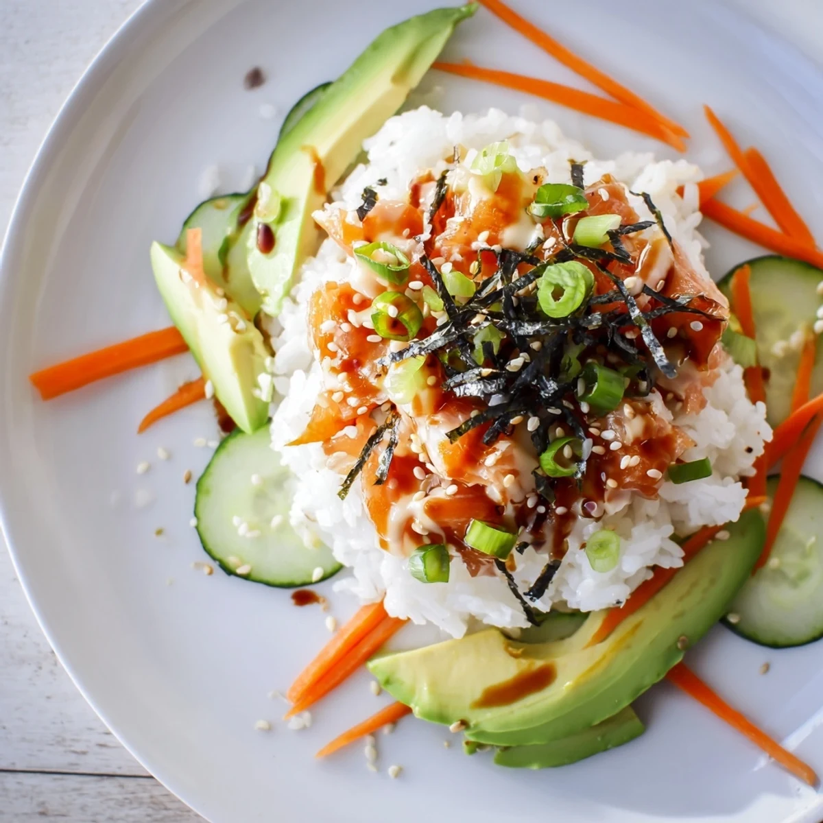 A delicious close-up of a Spicy Canned Salmon Rice Bowl, with avocado slices and a spicy sriracha drizzle.