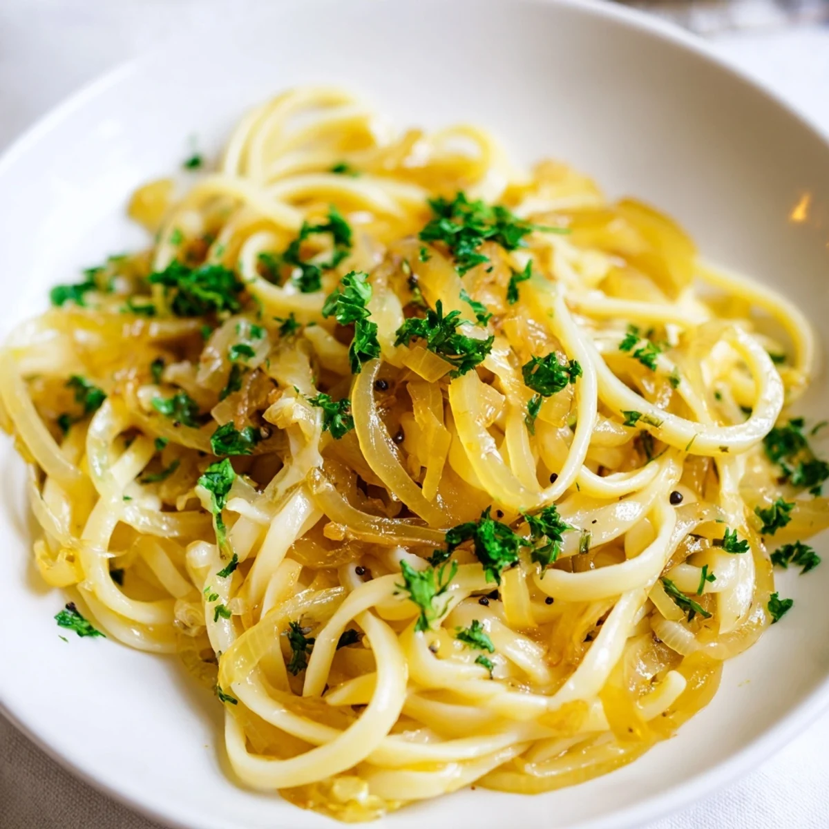 Golden, caramelized onions topping a bowl of One-Pot French Onion Pasta, ready to devour.