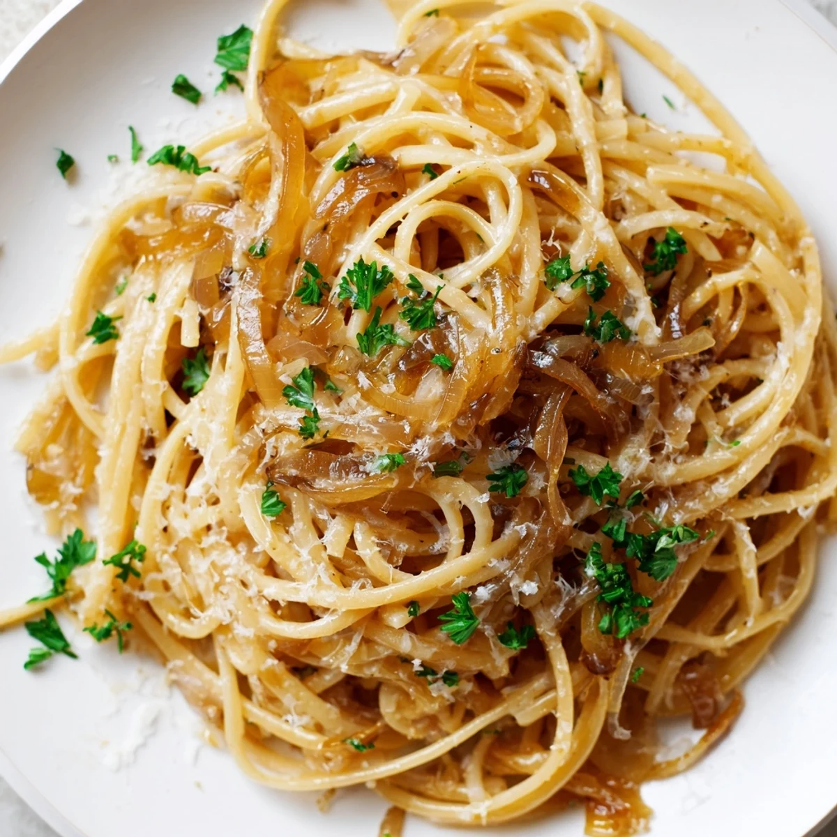 Steaming hot One-Pot French Onion Pasta, with melted cheese and fresh parsley garnish, looks delicious.