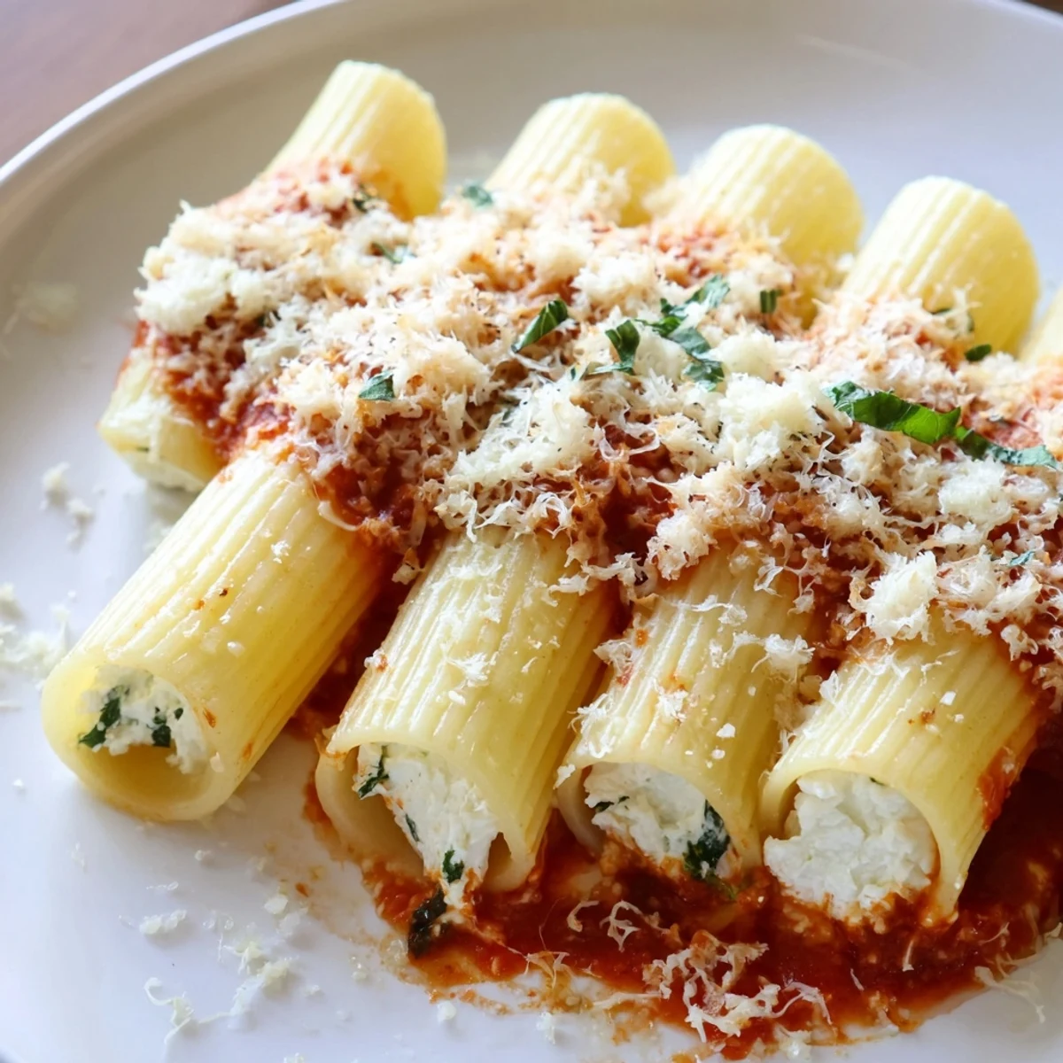 Upright rigatoni tubes filled with cheese and baked under marinara, a delicious Honeycomb Pasta Bake.