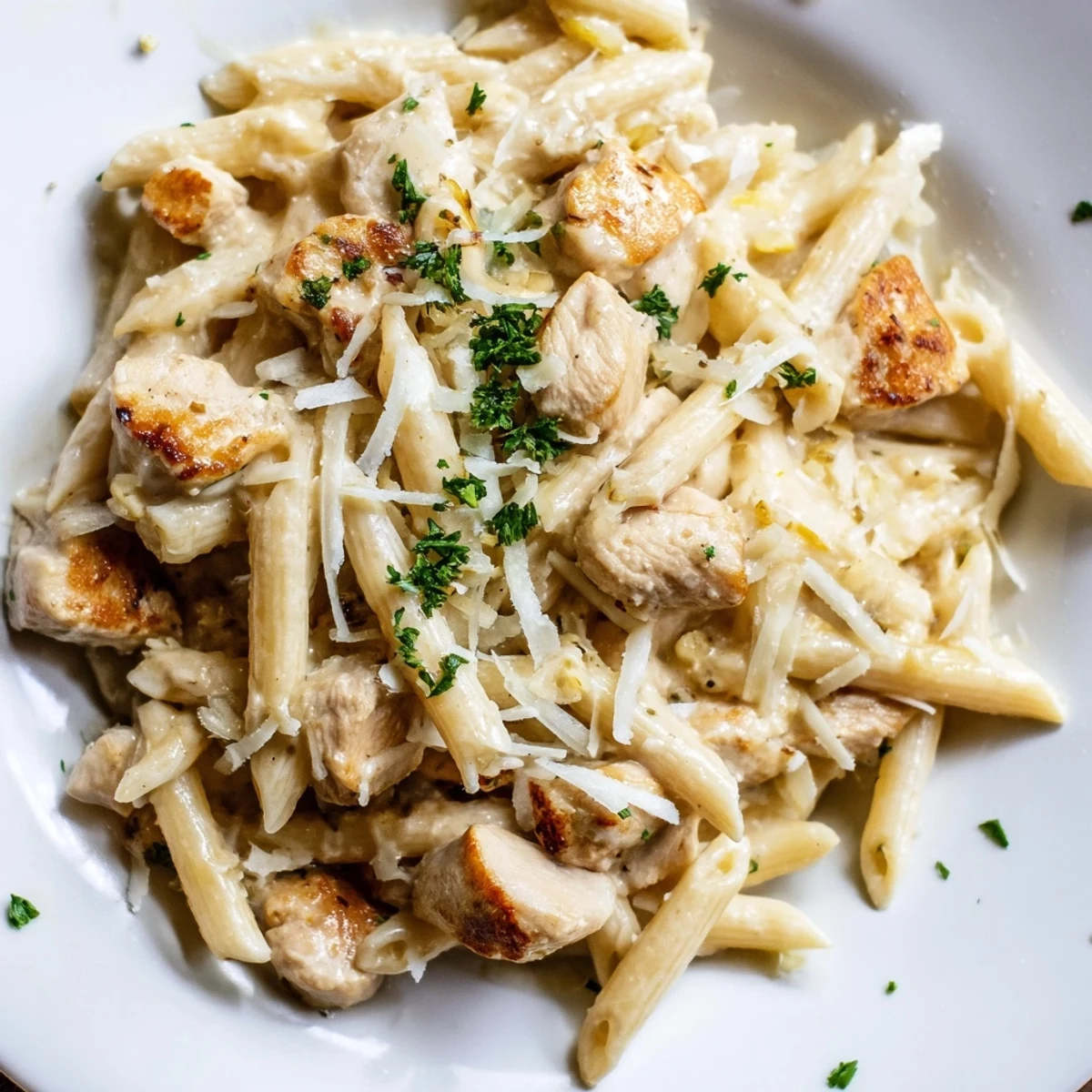 Quick Garlic Parmesan Chicken Pasta: a creamy, inviting skillet displaying tender chicken and delicious pasta.