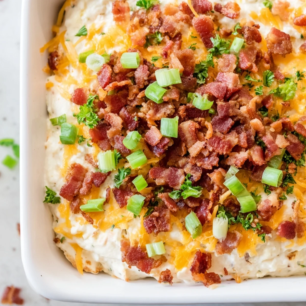 Golden, bubbly Cheesy Bacon Ranch Dip, a savory appetizer brimming with crispy bacon and melted cheddar.