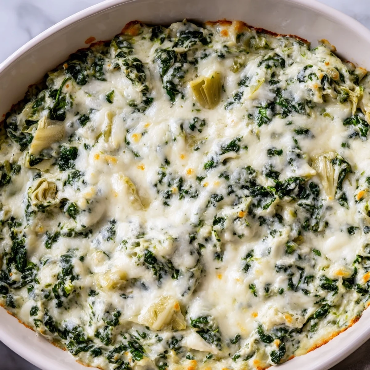Homemade Spinach Artichoke Dip, bubbling enticingly in a baking dish, a fantastic appetizer.