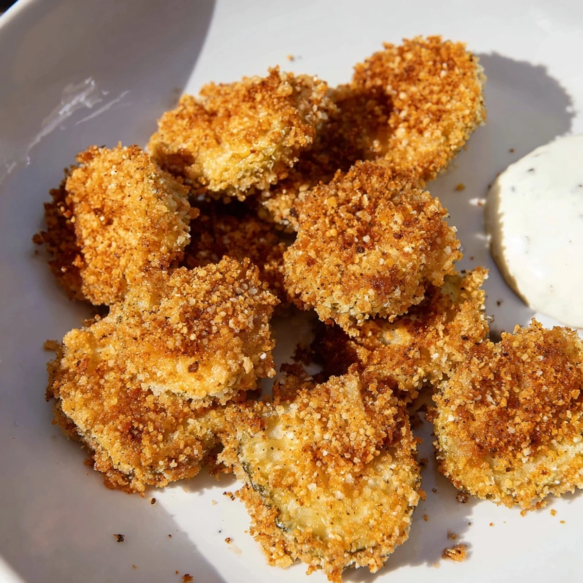 Golden brown, crispy fried pickles, a perfect appetizer, ready for dipping in ranch.