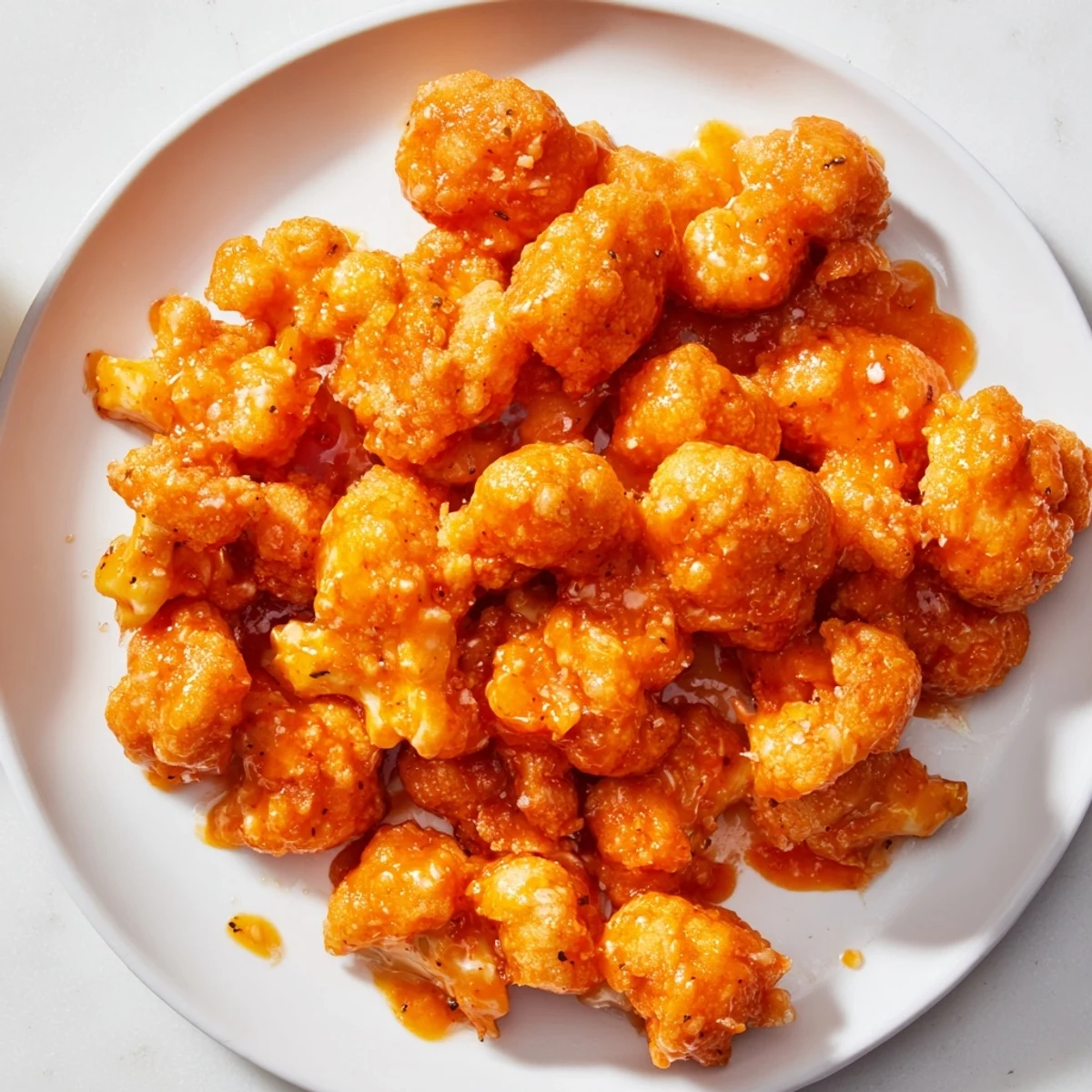 Golden, crispy Buffalo Cauliflower Bites, coated in spicy sauce, served with cool carrot sticks.