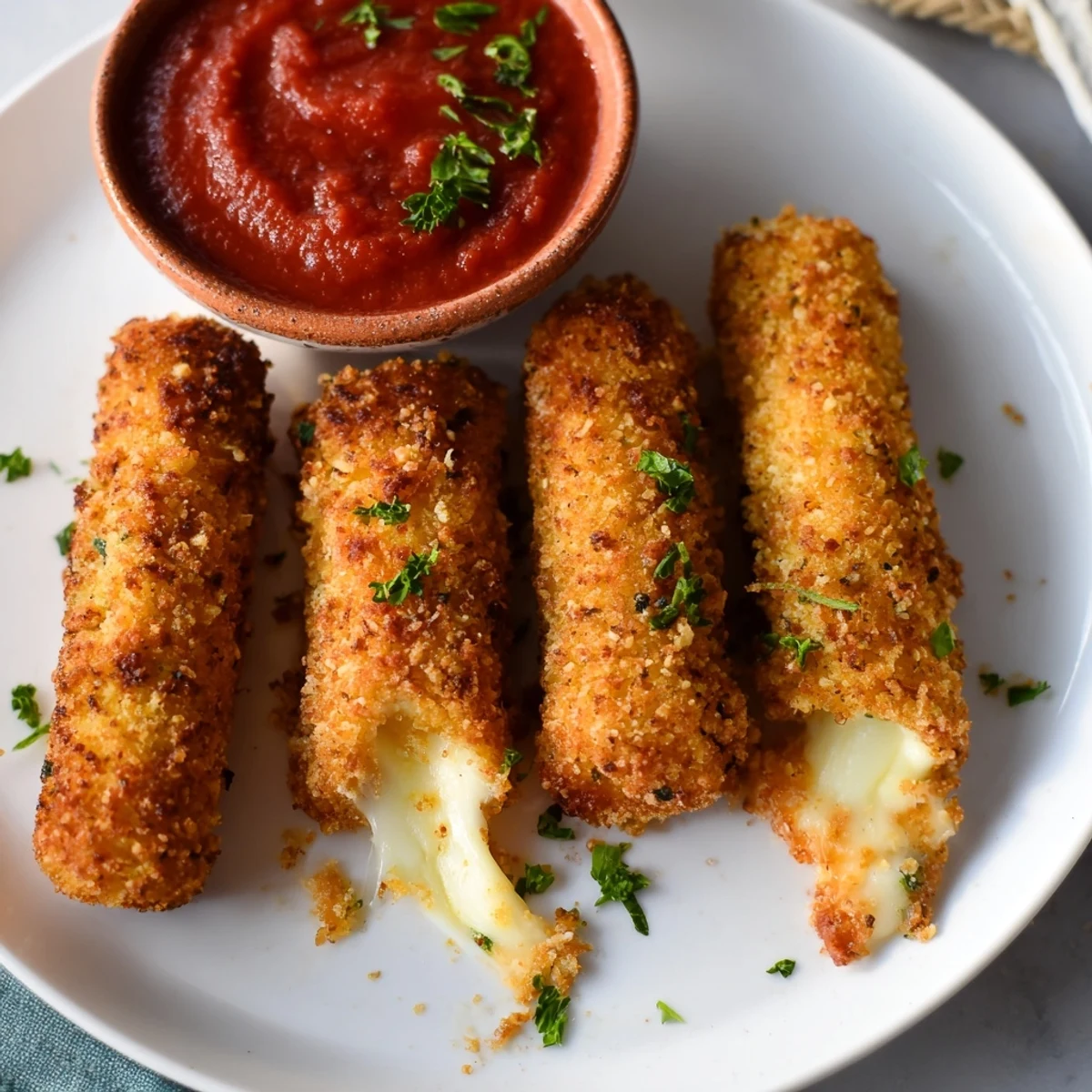 Golden-brown air fryer mozzarella sticks, perfect for dipping in warm marinara sauce.