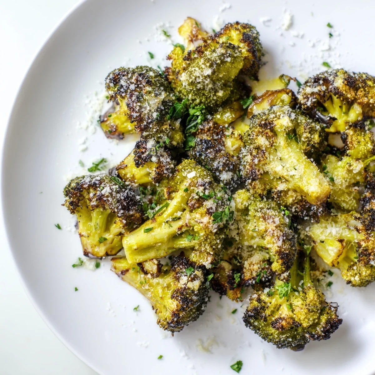 Golden, crispy Garlic Parmesan Roasted Broccoli, ready to serve as a flavorful vegetarian side dish.