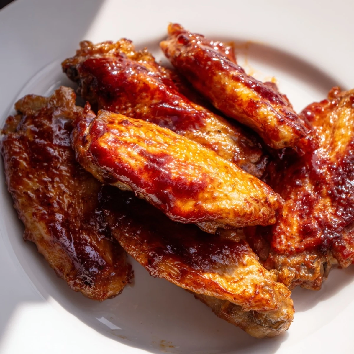 Close-up of golden Baked Sticky Honey BBQ Wings with visible texture, promising a flavorful bite.