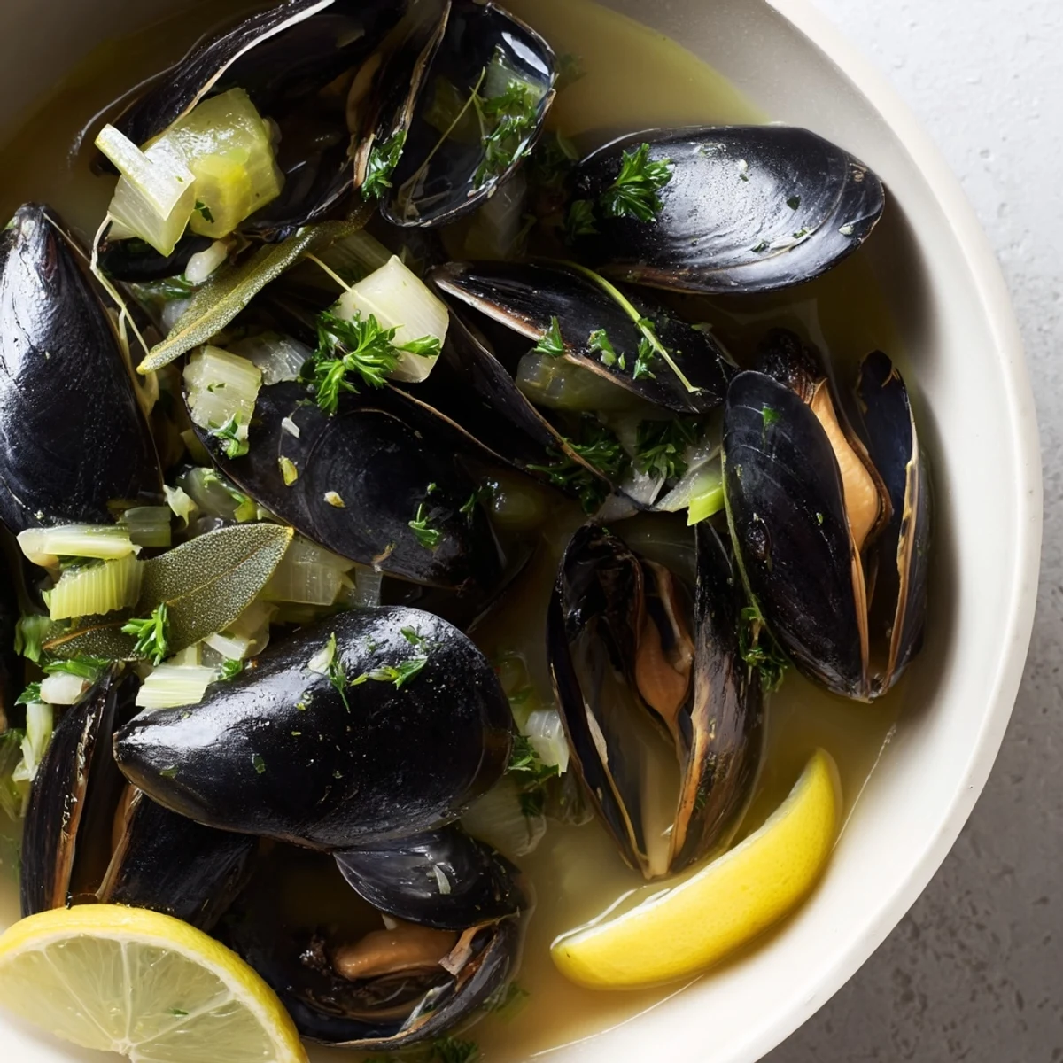 A steaming bowl of Belgian Moules Marinière, showcasing plump mussels in flavorful white wine broth.