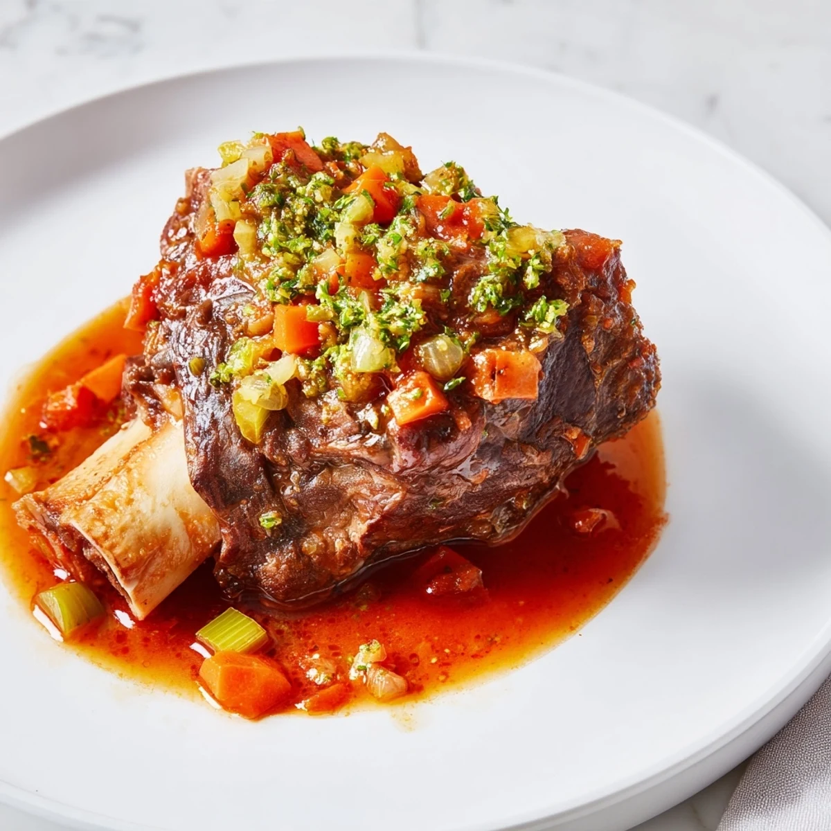 Tender Osso Buco served with vibrant gremolata, imagine the savory aroma and rich flavors.