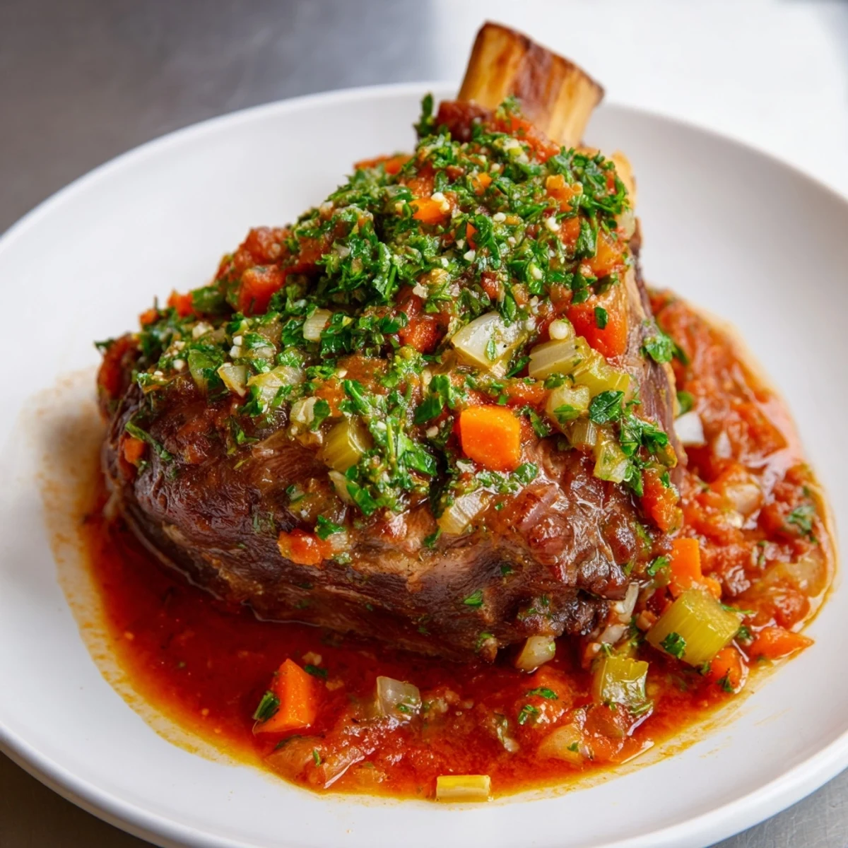 Slow-cooked Italian Osso Buco with meltingly tender veal shanks in a flavorful tomato sauce.